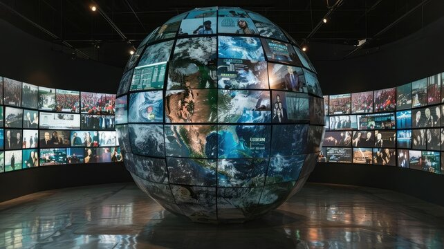 This image depicts a large globe surrounded by screens displaying images of various international events, such as protests, wars, and political figures. The screens are all tuned to diffeGenerative AI