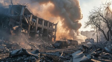 This somber image captures a destroyed building in Ukraine. The aftermath of missile strikes leaves behind rubble, with smoke billowing into the sky. Emergency workers are seen franticallGenerative AI