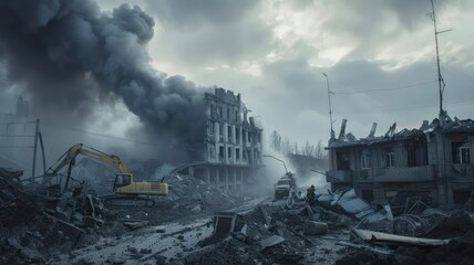 This somber image captures a destroyed building in Ukraine. The aftermath of missile strikes leaves behind rubble, with smoke billowing into the sky. Emergency workers are seen franticallGenerative AI - obrazy, fototapety, plakaty