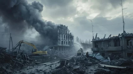 Foto op Canvas This somber image captures a destroyed building in Ukraine. The aftermath of missile strikes leaves behind rubble, with smoke billowing into the sky. Emergency workers are seen franticallGenerative AI © lee