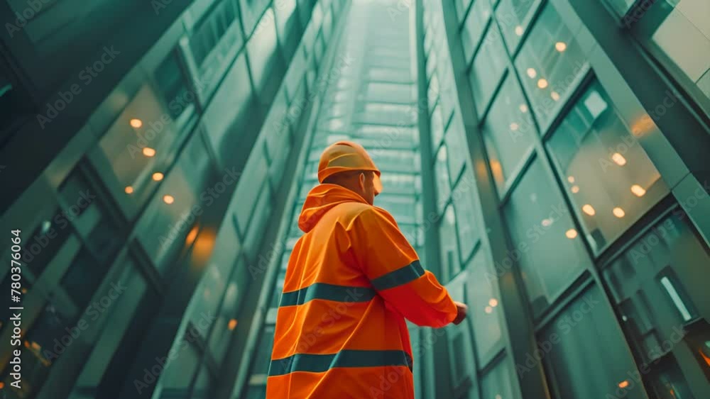 Poster engineer use digital tablet while standing in modern building tower.generative ai