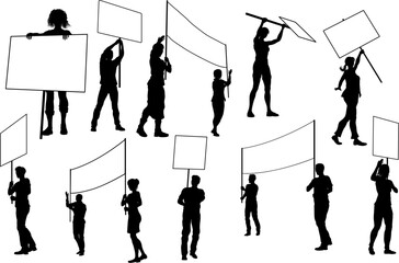 Protestors or demonstrators men and women. At a demonstration march, picketing line or strike protest rally in silhouette. Holding banners, picket signs and megaphone or mega phone. - 780376231