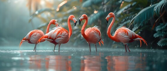A group of elegant flamingos wading gracefully in shallow waters. Concept Wildlife Photography, Flamingos, Graceful Movement, Natural Habitat, Tropical Birds - obrazy, fototapety, plakaty