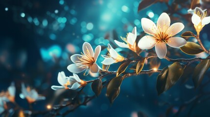 Fototapeta na wymiar Luminous flower in double exposure on deep turquoise background, creating a striking visual contrast