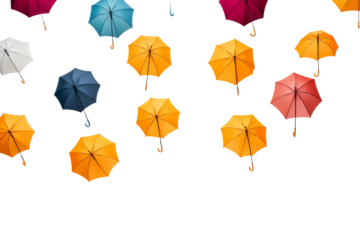 Group of Colorful Umbrellas Hanging on Hooks. On a White or Clear Surface PNG Transparent Background.