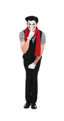 Funny mime artist in beret showing hush gesture on white background