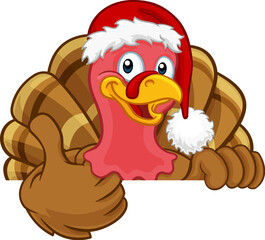 Turkey Christmas or Thanksgiving Holiday cartoon character wearing a Santa Claus hat, peeking over a sign and giving thumbs up - 780377402