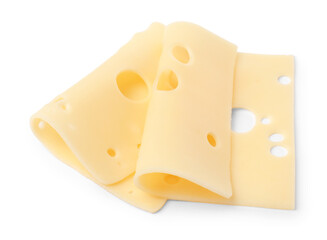 Slices of tasty fresh cheese isolated on white
