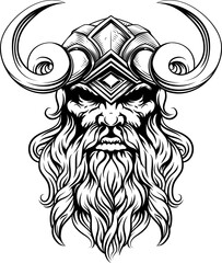 A Viking warrior or barbarian gladiator man mascot face looking strong wearing a helmet. In a retro vintage woodcut style. - 780377660