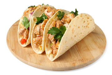Delicious tacos with meat and parsley isolated on white