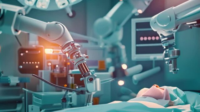 A futuristic medicine and laser surgery robot arm technology In the operating room for future precision surgery shows technological holograms.