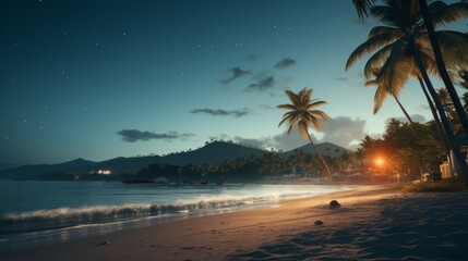 Vintage fantasy beach starlit night sky with full moon, retro artwork in tropical setting