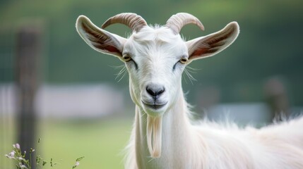 Close-up portrait of a white goat with horns in nature on a farm displaying tranquility and serenity