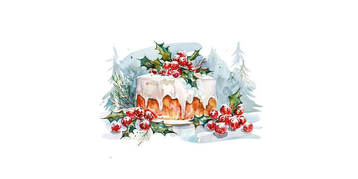 Christmas cake with holly and berries, watercolor illustration on white background