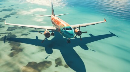 Aerial view of airplane shadow on sandy beach, travel concept from top perspective - obrazy, fototapety, plakaty