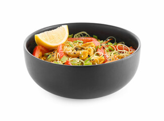 Stir-fry. Delicious cooked noodles with chicken and vegetables in bowl isolated on white