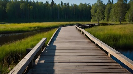 Wooden Piers and Bridges Amidst Nature's Landscape Under the Summer Sky. - obrazy, fototapety, plakaty