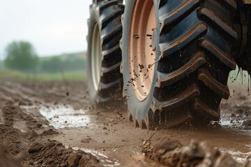 Fototapeta na wymiar Close up of a tractor tire in mud on a farm. Agricultural machinery driving through wet, soggy soil. Copy space. A tractor working on a farmland during a rainy season. Puddles. Environment. Climate
