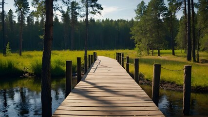 Wooden Piers and Bridges Amidst Nature's Landscape Under the Summer Sky. - obrazy, fototapety, plakaty