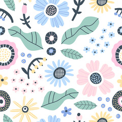Seamless Pattern with abstract plants. Simple various flowers, leaves and berries. Template for fabrics, summer textiles, clothes - obrazy, fototapety, plakaty