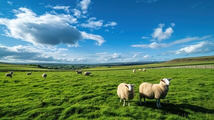 Obraz premium Green fields in the English countryside with grazing sheep and blue sky.
