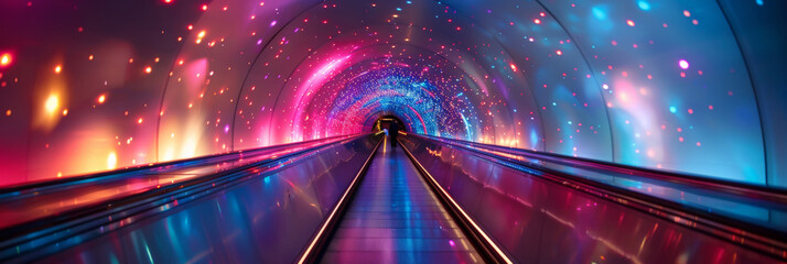 Fototapeta premium High-speed light trails through the tunnel, 3d colorful blue red pink oraange glowing grid tunnel with black hole, Cosmic wormhole. Abstract colorful tunnel banner
