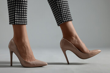 Businesswoman in beige shoes on grey background, closeup
