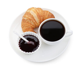 Fresh croissant, jam and coffee isolated on white, above view. Tasty breakfast