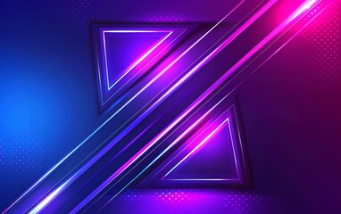 A picture of sharp neon shapes in violet purple and blue lights, arrow and triangle styles, glowing wall background, AI Generated.
