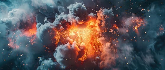 bright explosion fire burst on smoke background,A massive, intense explosion illuminates an open landscape, with flames and sparks soaring into a stormy sky,Orange burning explosion on the background
