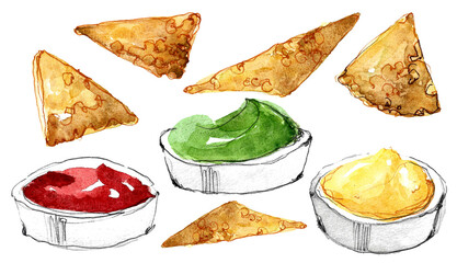 Mexican national dish. Set of corn reangular nachos with tomato spicy sauce, cheese and guacamole in white plates. Hand drawn watercolor illustration on white background for your design - Powered by Adobe