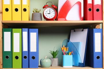 Colorful binder office folders and stationery on shelving unit indoors