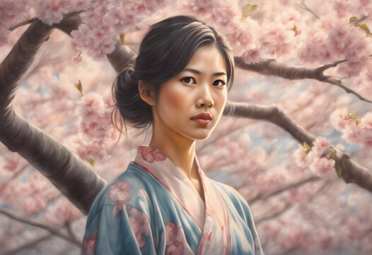 A beautiful young Asian woman stands under a blooming cherry tree