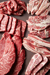 Various parts of raw beef and raw pork