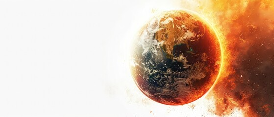Burning planet isolated on the white background, earth on fire with the sun in the middle,Planet Earth is engulfed in flames. The concept of global warming