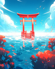 japanese temple in the water sky ai generative 