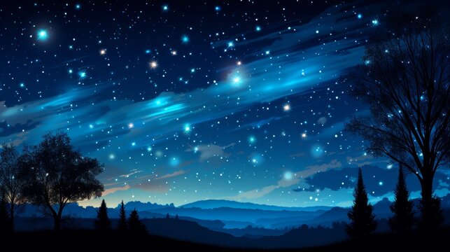 Shooting star lights up dark blue night sky with galaxy and falling meteorite illumination