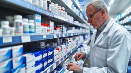 An experienced pharmacist working in a pharmacy selects pills for customers near the shelves with medicines. Medicine concept, pharmaceuticals.