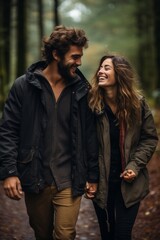 Fototapeta premium A man and a woman are seen walking in the woods, laughing together. The couple appears relaxed and enjoying each others company in the natural setting