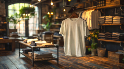 A plain white T-shirt hanging against the backdrop of a modern showroom. Retail concept, business. Layout.