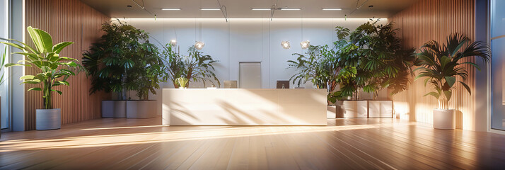 Modern Business Office Hall with Sleek Design, Empty Reception Area Awaiting Guests, Highlighting the Spacious Work Environment - obrazy, fototapety, plakaty