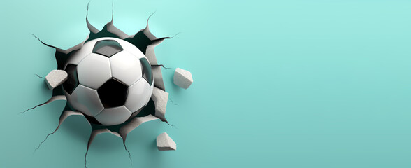 Obraz premium Banner, Illustration, Fussball durchbricht isoliert eine türkisfarbene Wand, dynamischer 3D Effekt