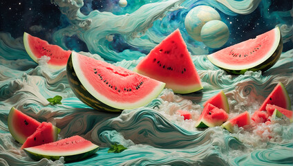 Watermelon painterly masterpiece cosmic refreshment vibrant water