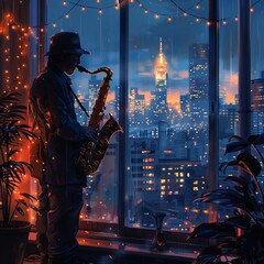 Lofi jazz playing in a midnight lounge, a solitary saxophonist silhouetted against the city skyline through floor-to-ceiling windows