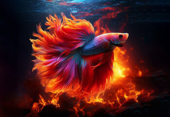 Beautiful fighting fish on the flame, Betta fish, siames fighting fish - obrazy, fototapety, plakaty