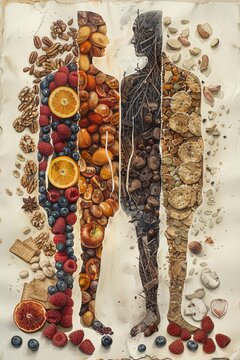 The image is a collage of fruits and vegetables, with two people cut out of the middle. The fruits and vegetables are arranged in a way that they resemble the human body, with the fruits