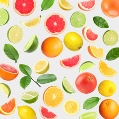 Many different fresh citrus fruits in air on light grey background