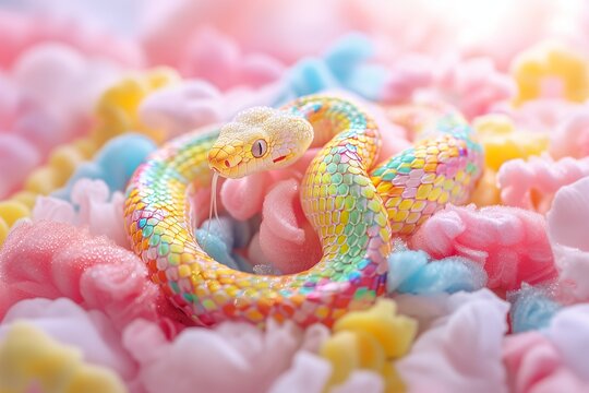 A vibrant colorful snake coiled among tufts of cotton candy bedding