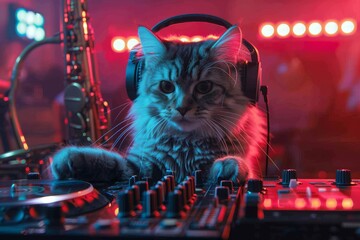 A fluffy cat wearing oversized headphones, mixing lofi beats on a DJ turntable surrounded by jazz...