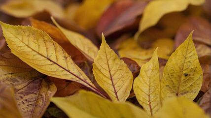 A closeup of vibrant autumn leaves in shades of red, orange, yellow, and green, scattered on the ground, showcasing the bright colors and beauty of the fall season